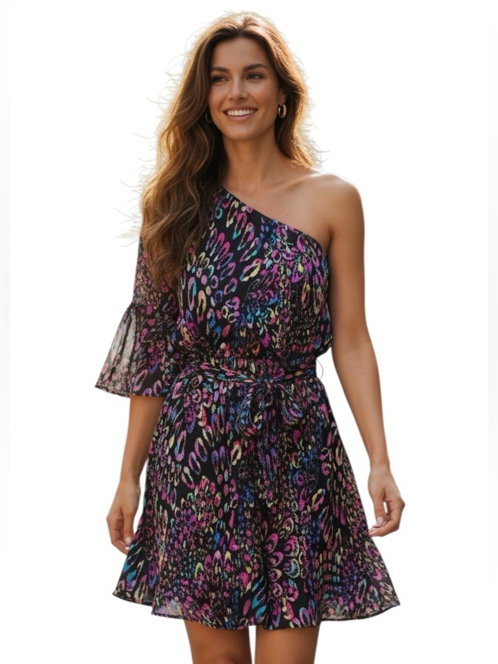 LILY ROSE: Multi-color One Shoulder Flutter Sleeve Dress -Size Medium
